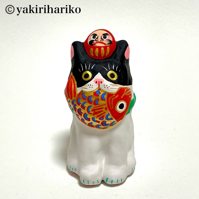 目出鯛猫 ダルマ乗せ 白黒ハチワレ緑(小) | 矢切はりこ