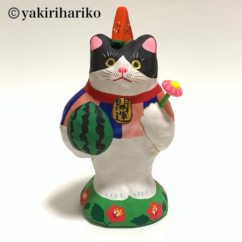 矢切はりこ ジャイアント 招福猫ハチワレ 西瓜と花 | 矢切はりこ