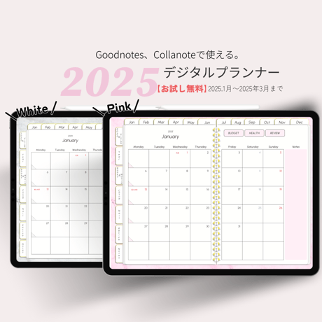 【無料】多機能2025年デジタルプランナーマーブルストーン柄おしゃれ！料理やメイク好きにおすすめ。ホワイトとピンクあり【お試し3ヶ月】