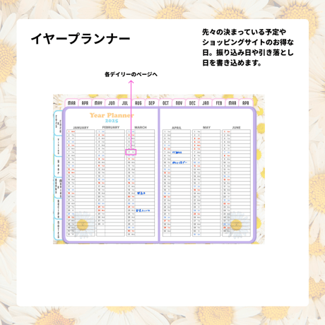 【3月始まり】2025年デジタルプランナーかわいい！Happy!デイジー柄。レシピ、家計簿など多機能【日曜始まり】