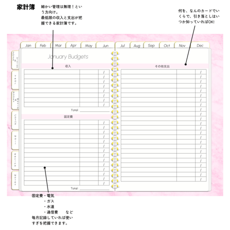 【1月始まりピンク】多機能2025年デジタルプランナーマーブルストーン柄おしゃれ！料理やメイク好きにおすすめ。ホワイトとピンクあり【月曜始まり】