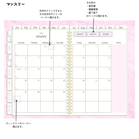 【1月始まりピンク】多機能2025年デジタルプランナーマーブルストーン柄おしゃれ！料理やメイク好きにおすすめ。日曜始まり】