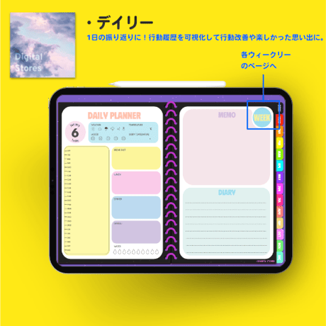 【2026年1月始まり】2026年デジタルプランナー｜カラフルかわいいネオンカラー｜毎日楽しくなるデザイン|家計簿、健康、月の振り返り【日曜始まり】