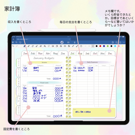 【1月始まり】2025年デジタルプランナー毎日穏やかに過ごせる淡い優しい水彩柄おしゃれでかわいいプランナー【日曜始まり】