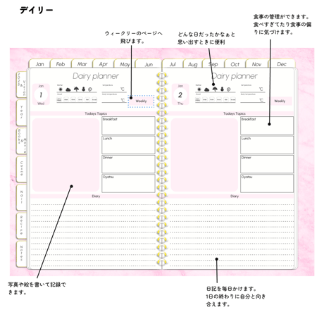 【1月始まりホワイト】多機能2025年デジタルプランナーマーブルストーン柄おしゃれ！料理やメイク好きにおすすめ。ホワイトとピンクあり【月曜始まり】