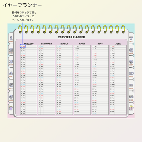 【1月始まり】2025年デジタルプランナーパステルカラーでおしゃれでかわいい韓国風デザイン【日曜始まり】