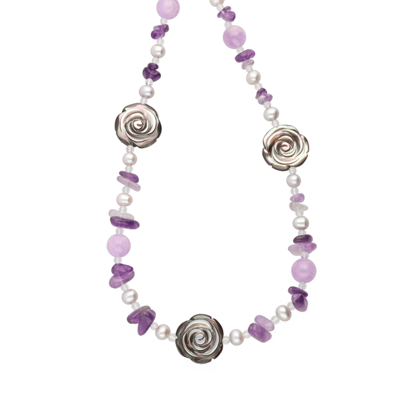 SVシェルパール・淡水パール・アメジスト・水晶ロングネックレス 80cm 
