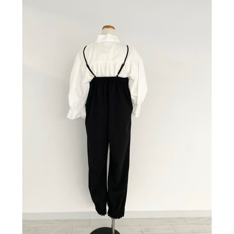 即納】裾タックフリル ジョーゼットサロペットパンツ | hanao select