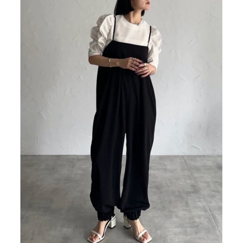希少　HOWIE サロペットパンツ　　ブラック 即納】裾タックフリル ジョーゼットサロペットパンツ | hanao select
