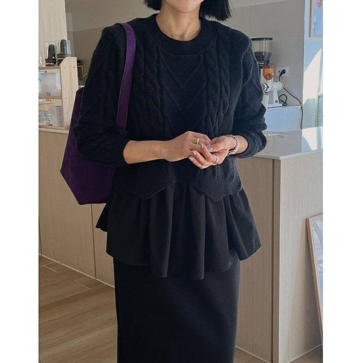 予約】レイヤード風 ケーブル ニット ニットプルオーバー | hanao select