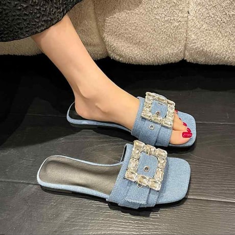 【即納】ビジュー フラットサンダル ぺたんこサンダル ブラックデニム スクエアビジュー