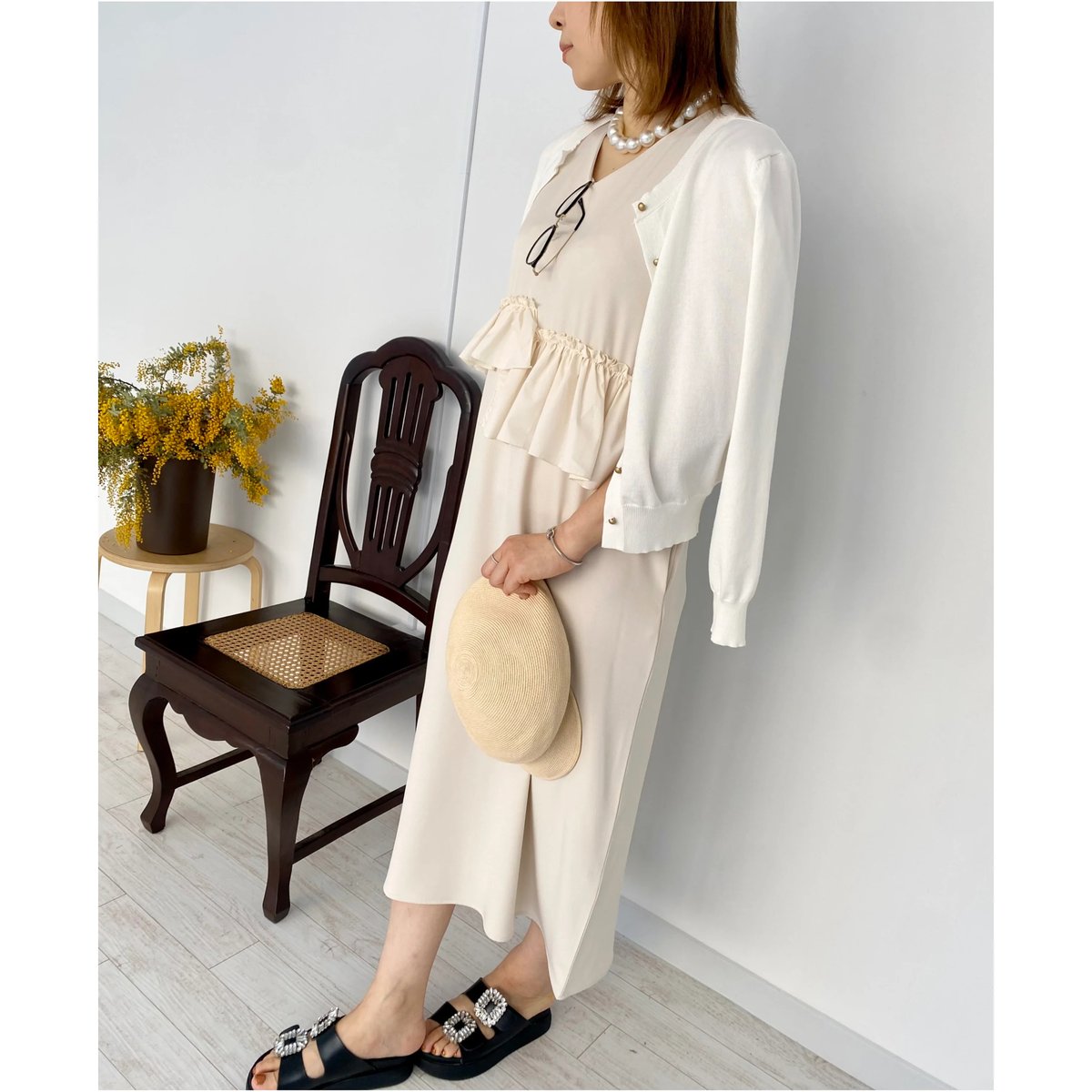 予約】フリルデザイン ポンチワンピース オフホワイト | hanao select