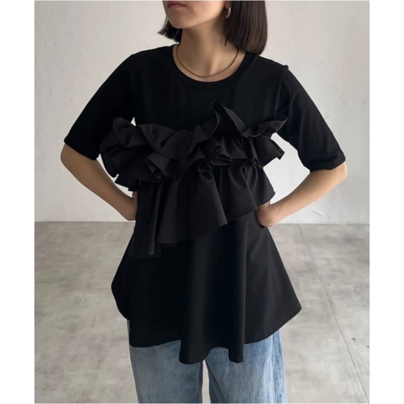 予約】 胸元ギャザーフリルデザインAラインカットソー トップス