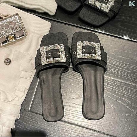 【即納】ビジュー フラットサンダル ぺたんこサンダル ブラックデニム スクエアビジュー