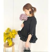 【即納】 裾シャーリングフリル  ポンチ プルオーバー Black