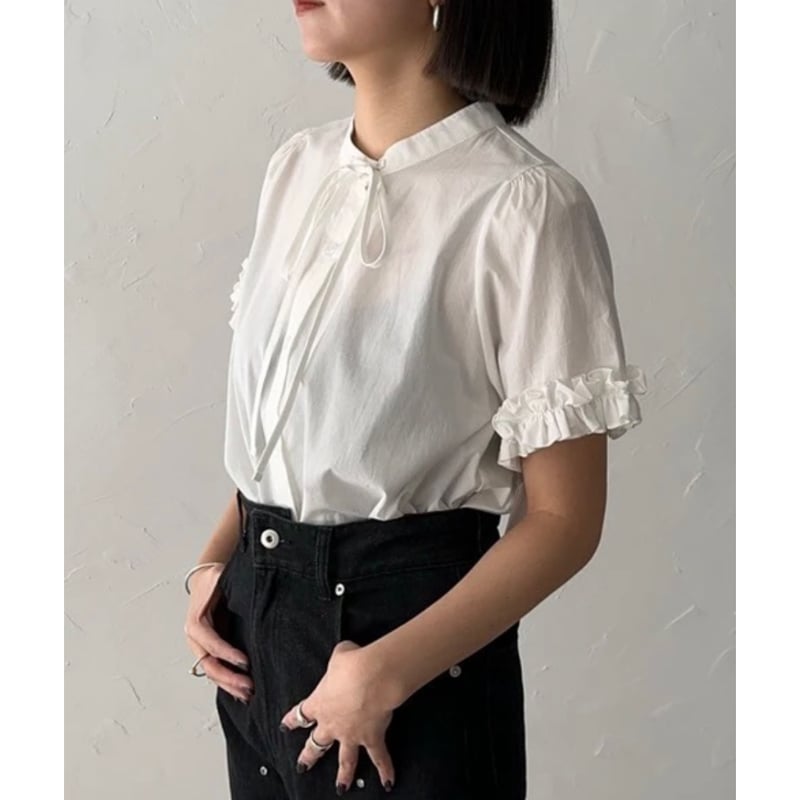 45R バンドカラータックプリーツブラウス　カディコットン　リボン　袖フリル 45R バンドカラータックプリーツブラウス カディコットン リボン 袖