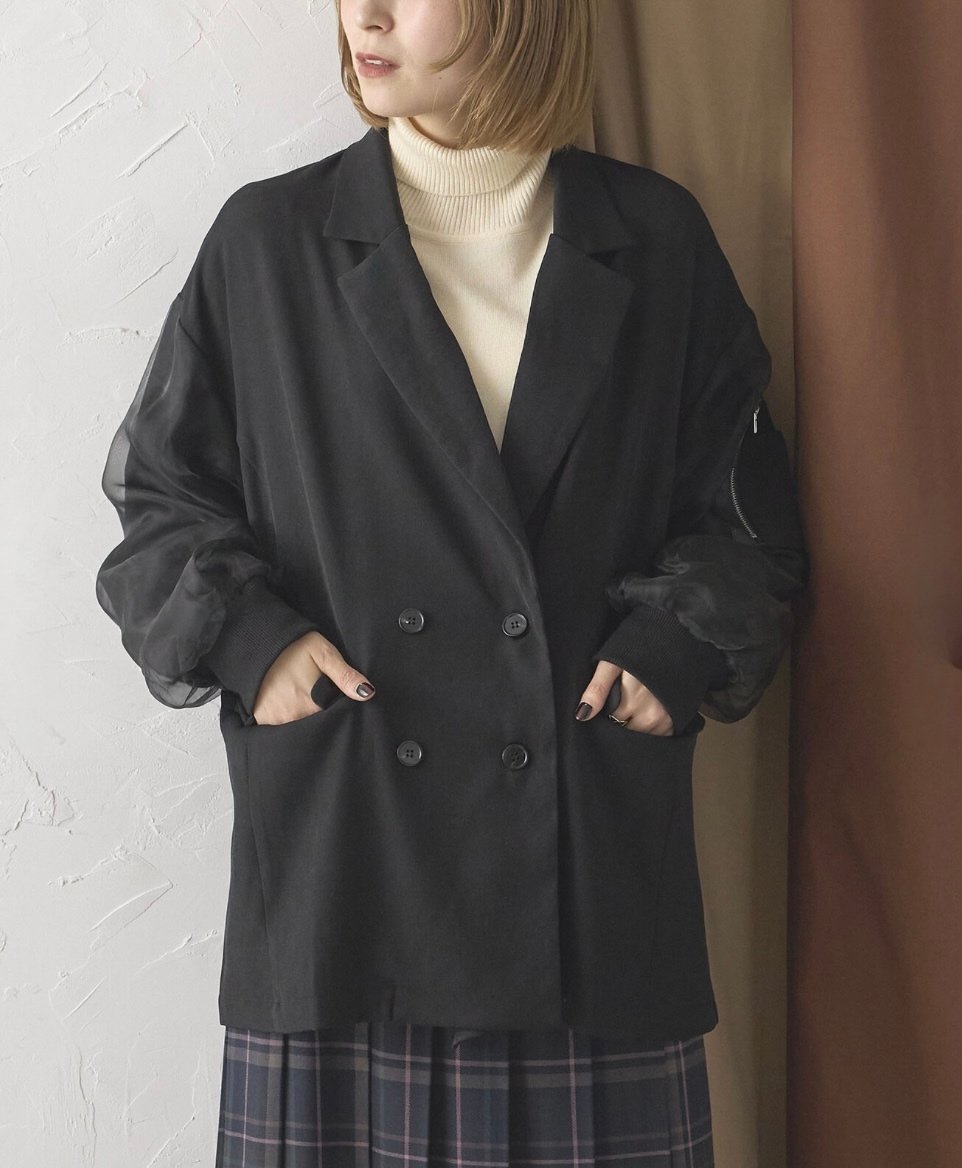 袖チュールレイヤードMA-1風デザインジャケット　ブラック　新品. 袖チュールレイヤードMA-1風デザインジャケット ブラック 新品. - メルカリ