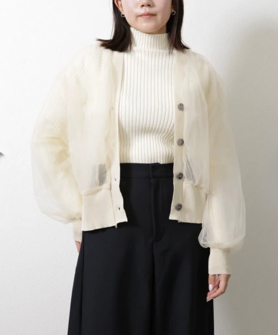 アナイ 23AW チュールレイヤードバイカラーカーディガン ニット 七分袖 36 ANAYI - アナイ 23AW チュールレイヤードバイカラーカーディガン