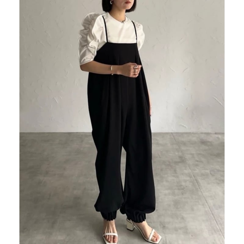 即納】裾タックフリル ジョーゼットサロペットパンツ | hanao select