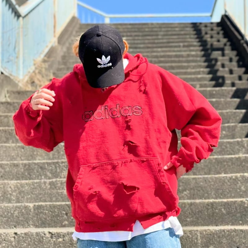 中古】adidas 90s トレフォイル 刺繍パーカー サイズL ネイビー 