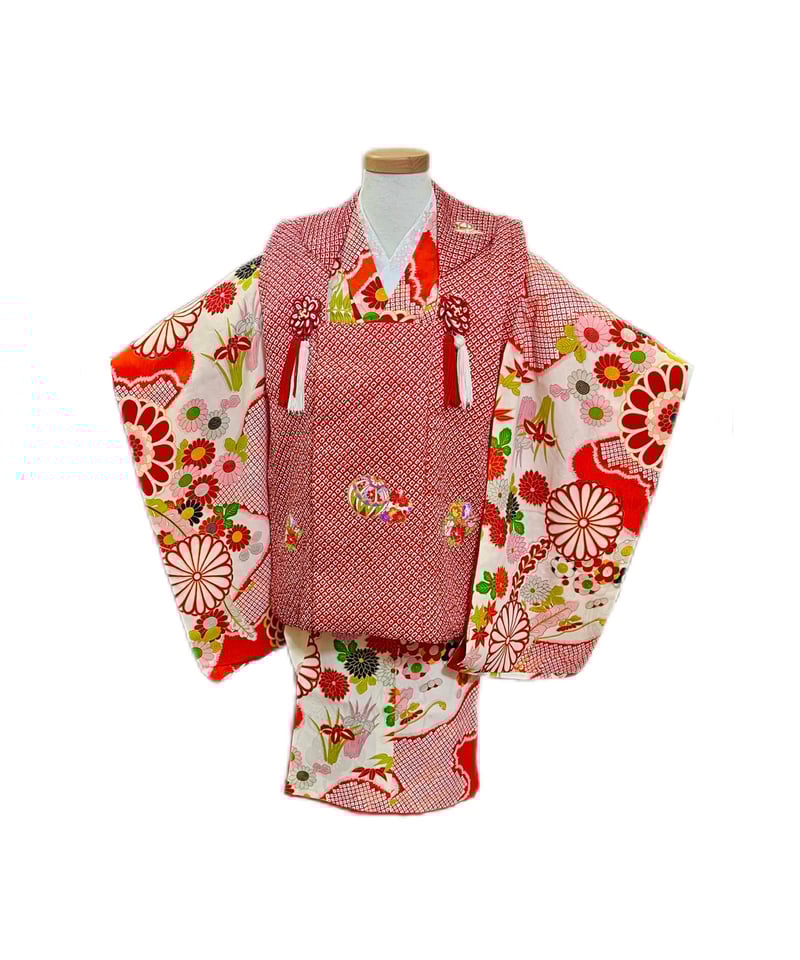 広島 七五三 着物 レンタル 3歳 女の子 被布 アンティーク朱色 赤絞り