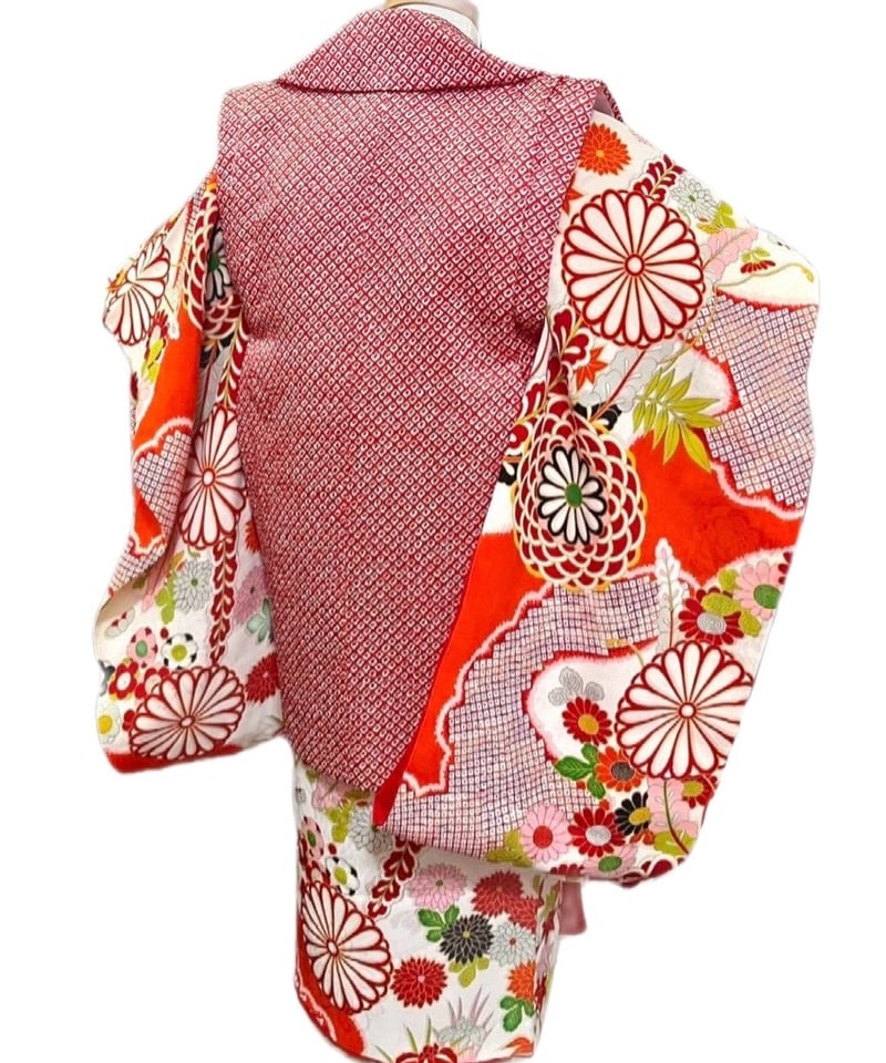 広島 七五三 着物 レンタル 3歳 女の子 被布 アンティーク朱色 赤絞り