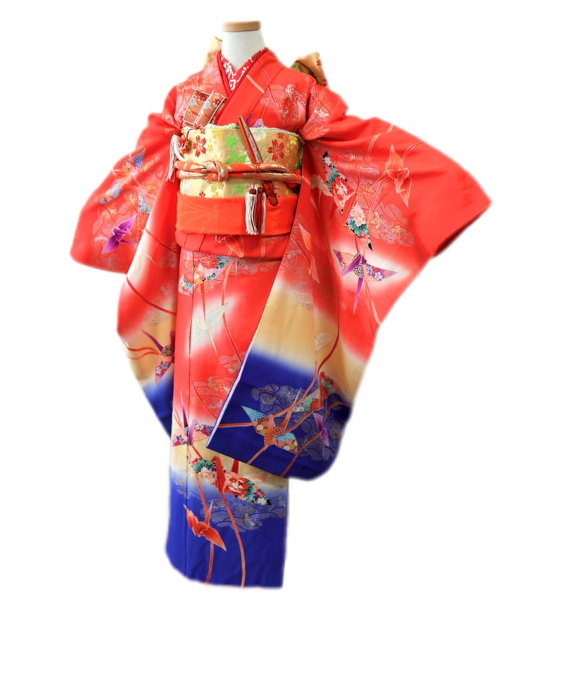 広島 七五三 着物 レンタル 7歳 女の子 朱色 折り鶴 絞り柄 出張