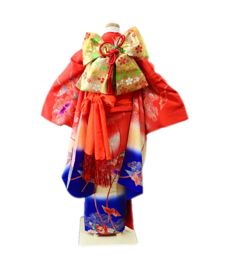 広島 七五三 着物 レンタル 7歳 女の子 朱色 折り鶴 絞り柄 出張着付
