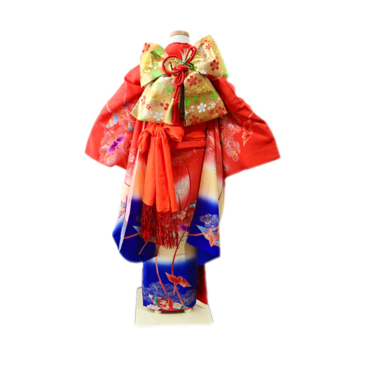 広島 七五三 着物 レンタル 7歳 女の子 朱色 折り鶴 絞り柄 出張