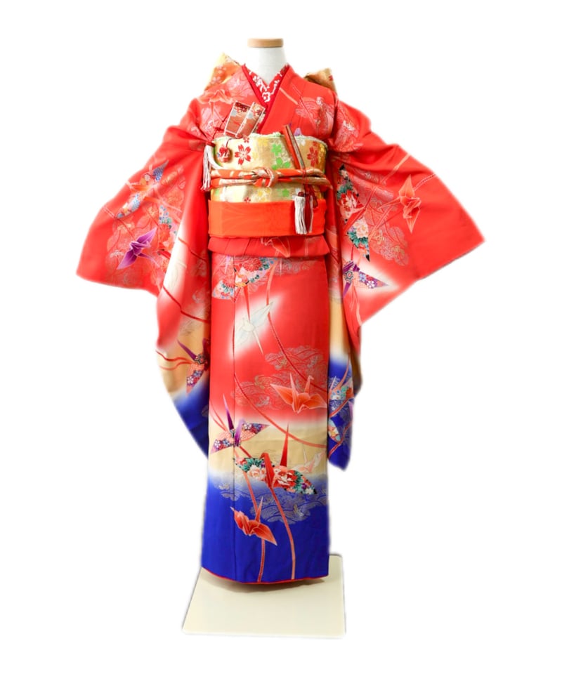 広島 七五三 着物 レンタル 7歳 女の子 朱色 折り鶴 絞り柄 出張