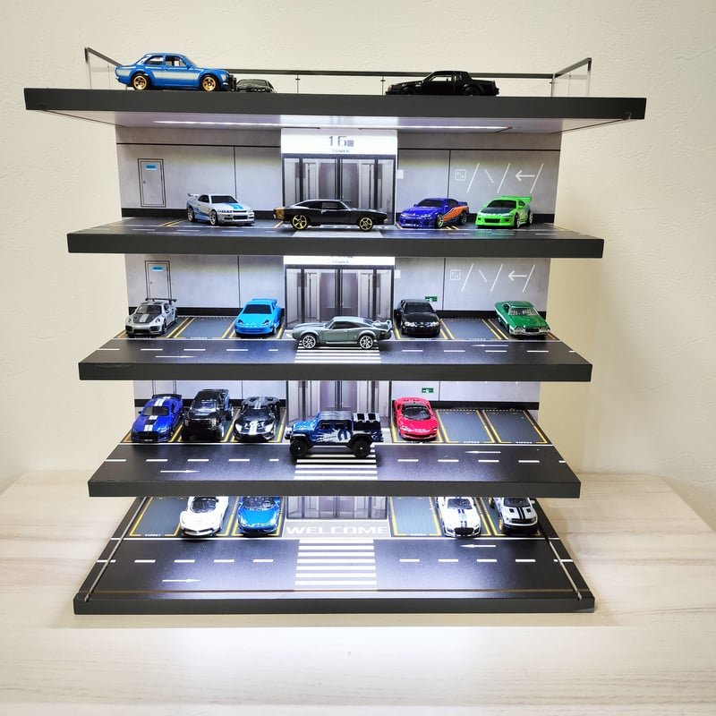 ミニカー ディスプレイ 5階建立体駐車場 LED照明搭載 1/64スケール