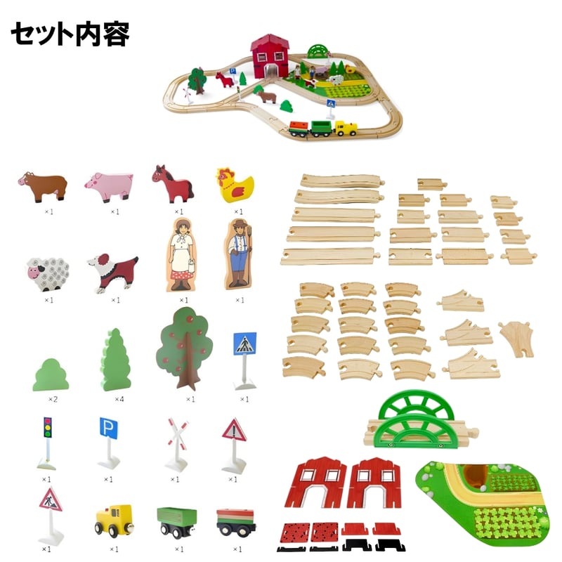 木製トロッコ列車 アニマルファームセット 77PCS 食品衛生法適合品
