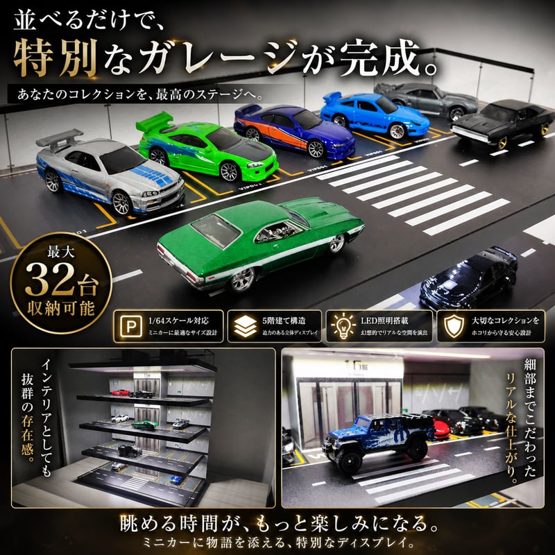 ミニカー ディスプレイ 5階建立体駐車場 LED照明搭載 1/64スケール