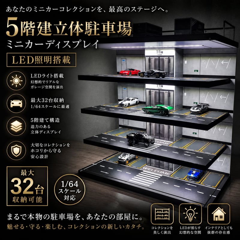 ミニカー ディスプレイ 5階建立体駐車場 LED照明搭載 1/64スケール