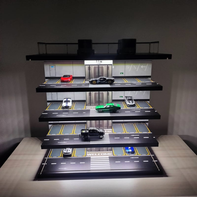 1/64スケールミニカー用地下駐車場ジオラマ LED ライト点灯 車模展示ベース 1/64スケール「地下駐車場 ジオラマ」試作サンプル ご紹介