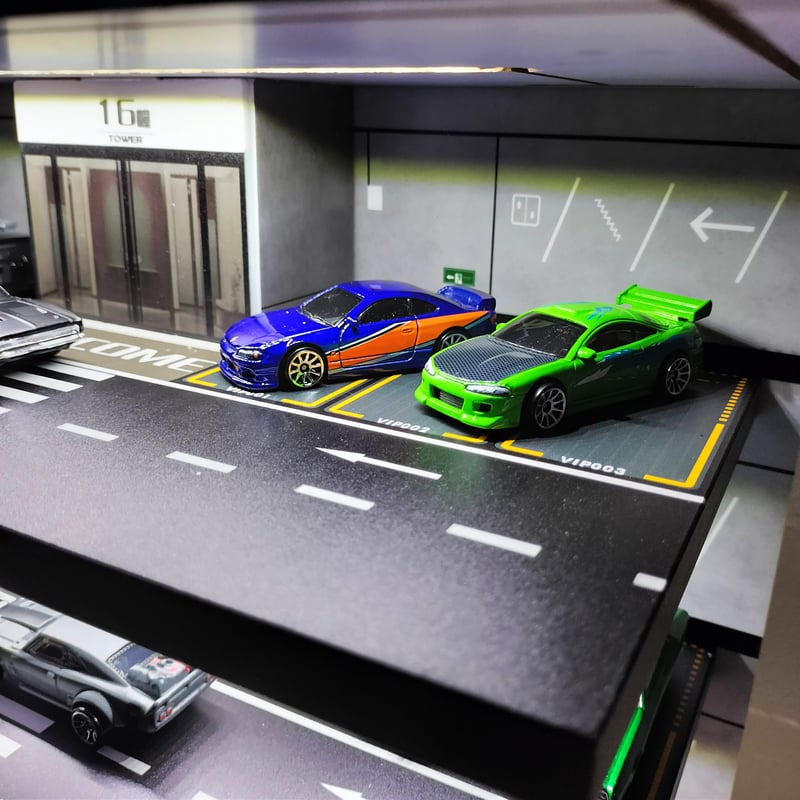 1/64スケールミニカー用地下駐車場ジオラマ LED ライト点灯 車模展示ベース 1/64スケール「地下駐車場 ジオラマ」試作サンプル ご紹介