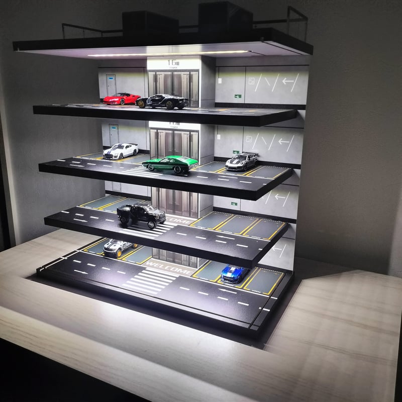 1/64スケールミニカー用地下駐車場ジオラマ LED ライト点灯 車模展示ベース ミニカー ディスプレイ 5階建立体駐車場 LED照明搭載 1/64スケール