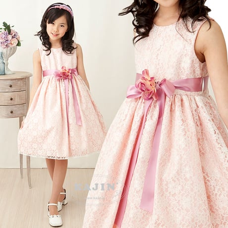 子供フォーマルドレス オーバーレース サッシュサテンリボンベルト付きフレアドレス「ローズ」