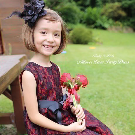 子供フォーマルドレス オーバーレース サッシュサテンリボンベルト付きフレアドレス「レッド」