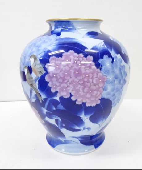 宮内庁御用達　有田焼　花瓶　深川　紫陽花小鳥花瓶