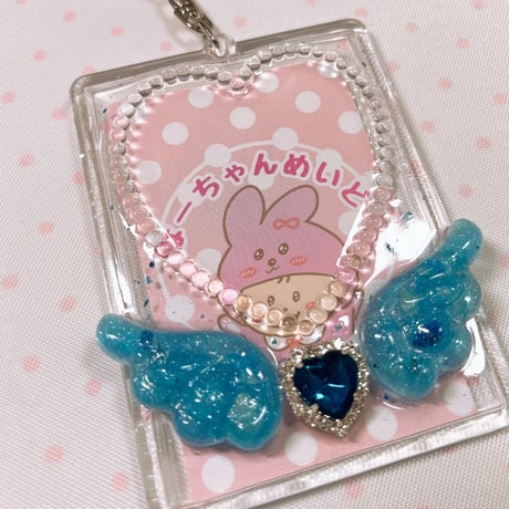レジンキーホルダー ハート×押し花×羽