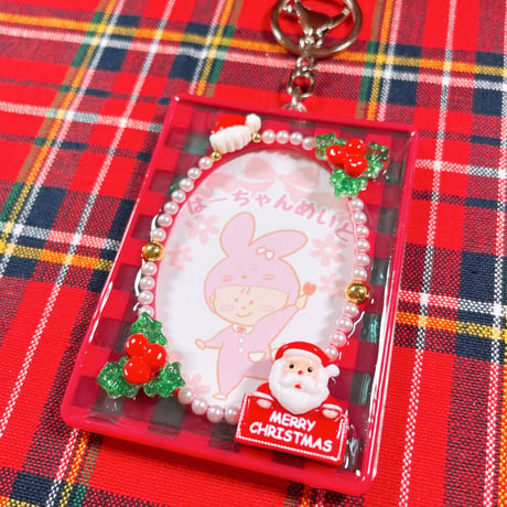 【クリスマス】ギンガムチェック（赤×緑) サンタ帽子 サンタ看板　キーホルダーケース