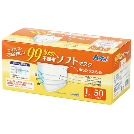 99%ｶｯﾄ不織布ｿﾌﾄﾏｽｸ(50枚入)Lｻｲｽﾞ