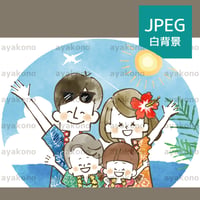 リゾート旅行で笑顔で手を振る4人家族-水彩【JPEG】