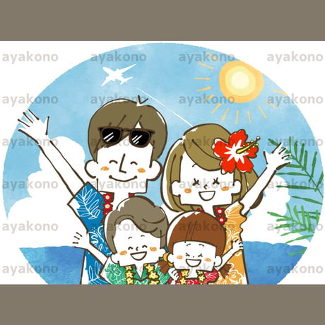 リゾート旅行で笑顔で手を振る4人家族【JPEG】