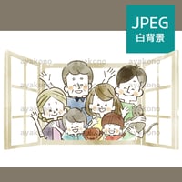 窓から手を振っている三世代家族-水彩【JPEG】