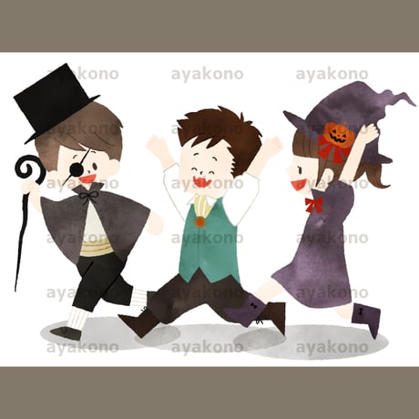 ハロウィンの仮装をしている子供たち-水彩【JPEG】