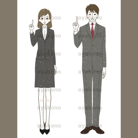 人差し指を立てているスーツ姿の男女【JPEG】