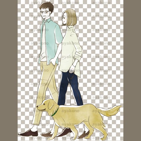 犬の散歩をする男女【PNG】
