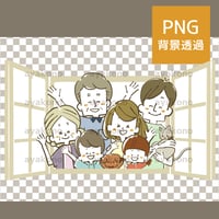 窓から手を振っている三世代家族【PNG】